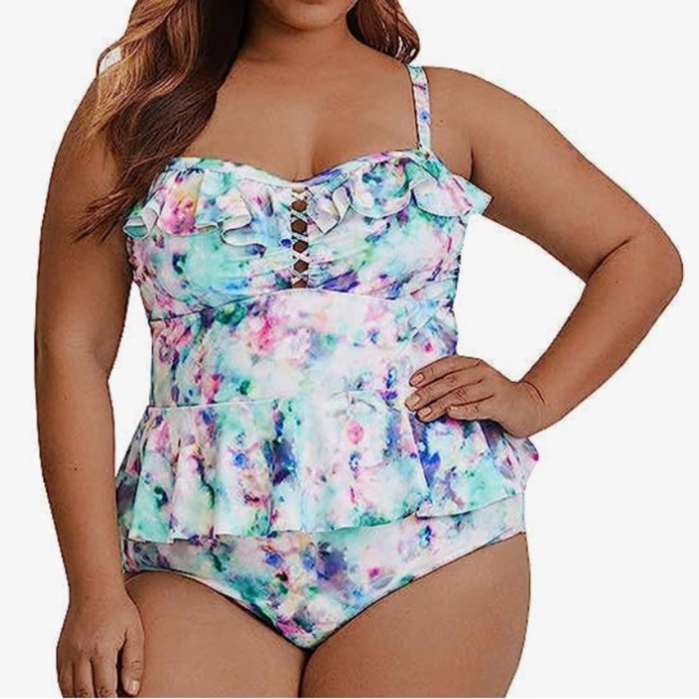 Tutorutor Womens Two Piece Plus Size Bathing Suit - Peplum Tankini